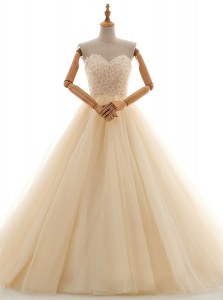 Champagne Sleeveless Lace Floor Length Wedding Dress