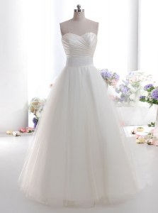 Dazzling Sleeveless Tulle Floor Length Lace Up Wedding Gown in White with Ruching