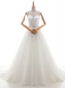 White Lace Up Wedding Dress Beading and Appliques Sleeveless With Brush Train