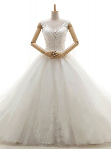 Modern Tulle Sleeveless With Train Wedding Gown Chapel Train and Lace