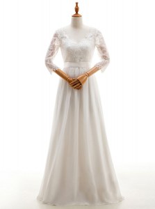 High Quality White Chiffon Lace Up V-neck 3 4 Length Sleeve Floor Length Wedding Gown Lace