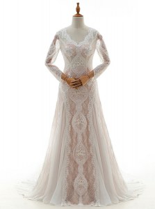 Amazing White Column/Sheath V-neck Long Sleeves Lace With Brush Train Zipper Lace Bridal Gown