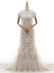 Edgy Mermaid Lace and Appliques Bridal Gown White Clasp Handle Cap Sleeves With Train Chapel Train