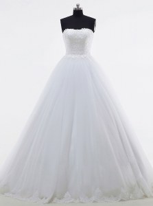 White Sleeveless Tulle Brush Train Clasp Handle Bridal Gown for Wedding Party