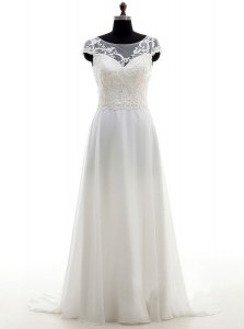 Scoop Lace and Bowknot Wedding Dresses White Backless Sleeveless With Brush Train