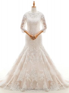 Mermaid 3 4 Length Sleeve Lace With Train Court Train Clasp Handle Bridal Gown in White with Lace and Ruffled Layers