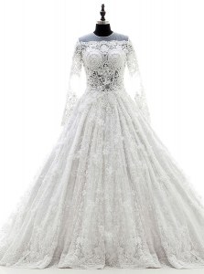 Lace White Wedding Dresses Scoop Long Sleeves Court Train Zipper