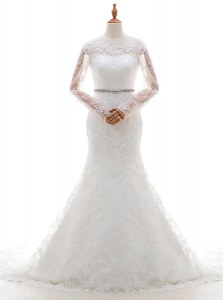 Inexpensive Mermaid Scoop White Clasp Handle Wedding Gown Beading and Lace Long Sleeves With Brush Train