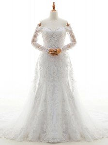 Dazzling Lace Off The Shoulder Long Sleeves Brush Train Lace Up Beading and Lace Bridal Gown in White
