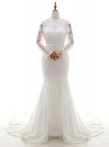 Edgy Brush Train Mermaid Wedding Gown White Scalloped Lace Long Sleeves With Train Zipper