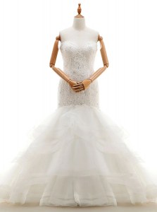 Beautiful Mermaid Sweetheart Sleeveless Wedding Gowns With Brush Train Beading and Lace and Ruffled Layers White Organza
