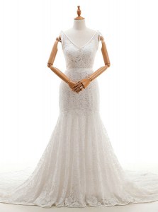 Mermaid V-neck Sleeveless Chapel Train Backless Wedding Gown White Lace
