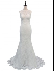White Mermaid Lace High-neck Sleeveless Lace With Train Backless Wedding Gown Brush Train