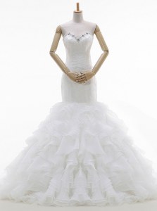 Extravagant White Mermaid Organza Sweetheart Sleeveless Beading and Ruffles With Train Lace Up Wedding Gown Brush Train