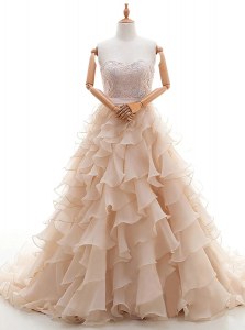 Artistic Peach Bridal Gown Wedding Party and For with Lace and Ruffled Layers Sweetheart Sleeveless Brush Train Lace Up