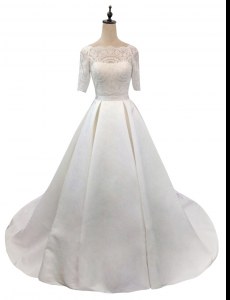 White Half Sleeves Satin Chapel Train Zipper Wedding Gowns for Wedding Party
