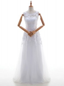 White Lace Up Scoop Lace and Appliques Wedding Dress Tulle Sleeveless Brush Train