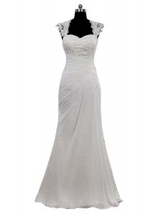 Pretty White Side Zipper Wedding Dresses Lace Cap Sleeves Floor Length