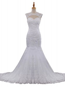Super Mermaid Scoop Lace Sleeveless With Train Wedding Gown Brush Train and Beading and Lace