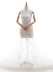 Excellent White V-neck Zipper Beading and Sequins Wedding Gown Court Train Sleeveless