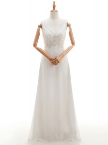White V-neck Neckline Beading Wedding Dress Sleeveless Backless