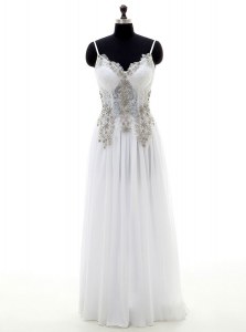 Latest V-neck Sleeveless Wedding Dresses Floor Length Beading and Appliques White Chiffon