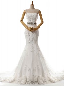 Latest Mermaid White Lace Up Sweetheart Beading and Lace and Appliques Wedding Gowns Lace Sleeveless Brush Train