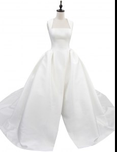 Sleeveless Satin With Train Court Train Zipper Wedding Dress in White with Ruching