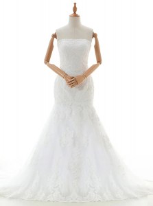 Best Mermaid White Sleeveless With Train Lace and Appliques Clasp Handle Wedding Gown