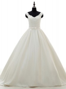 White A-line Satin V-neck Sleeveless Lace and Belt Zipper Wedding Dress Brush Train