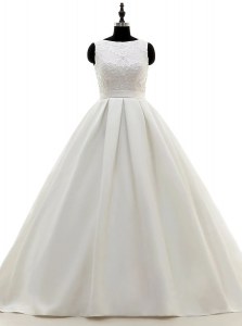 Scoop White Sleeveless Brush Train Lace and Appliques and Bowknot With Train Wedding Dresses