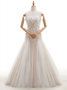 Vintage White Tulle Lace Up Sweetheart Sleeveless With Train Wedding Gowns Brush Train Beading