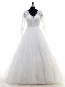 Romantic Long Sleeves Organza Floor Length Clasp Handle Wedding Dress in White with Beading and Lace and Appliques