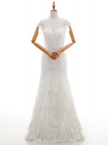 Hot Sale Floor Length Lace Up Wedding Gown White for Wedding Party with Lace and Appliques