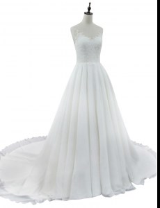 White Wedding Gowns Wedding Party and For with Lace V-neck Sleeveless Court Train Zipper