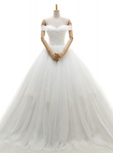 Charming Tulle Off The Shoulder Sleeveless Chapel Train Lace Up Ruching Wedding Dress in White