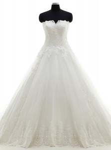 Chic Strapless Sleeveless Bridal Gown With Brush Train Lace and Appliques White Tulle