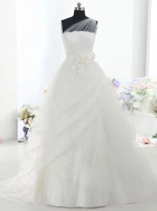 Vintage One Shoulder White Sleeveless Tulle Brush Train Lace Up Wedding Dresses for Wedding Party