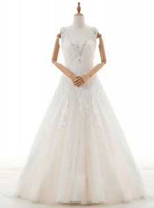 Spectacular White Tulle Zipper V-neck Sleeveless With Train Bridal Gown Court Train Appliques