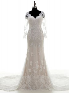 Sumptuous White Clasp Handle Bridal Gown Lace and Appliques 3 4 Length Sleeve With Train Court Train