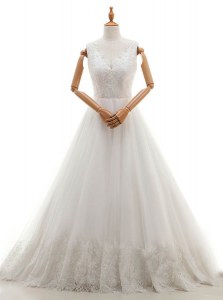 White Sleeveless With Train Lace and Appliques Zipper Wedding Dress