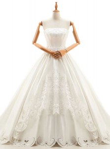 With Train Lace Up Wedding Dresses White for Wedding Party with Appliques Cathedral Train