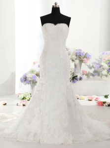 Fine Mermaid White Sleeveless With Train Lace Lace Up Wedding Gown