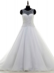 Scoop White Organza Zipper Wedding Dress Sleeveless With Train Sweep Train Beading