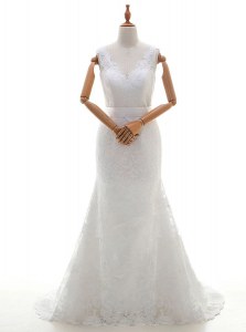 Glamorous White Column/Sheath Lace and Bowknot Wedding Dress Backless Lace Sleeveless With Train