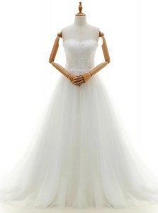 Latest Sweetheart Sleeveless Tulle Wedding Gowns Lace Brush Train Clasp Handle
