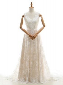 High End Champagne Lace Zipper Wedding Dresses Sleeveless With Train Chapel Train Lace