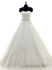 Eye-catching White Sweetheart Neckline Beading and Lace Wedding Gown Sleeveless Lace Up