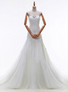Customized Sleeveless Court Train Beading and Lace and Appliques Lace Up Bridal Gown