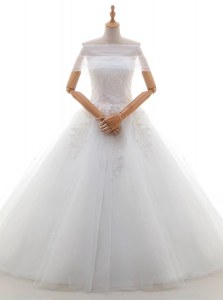 With Train White Wedding Gowns Strapless Cap Sleeves Court Train Lace Up